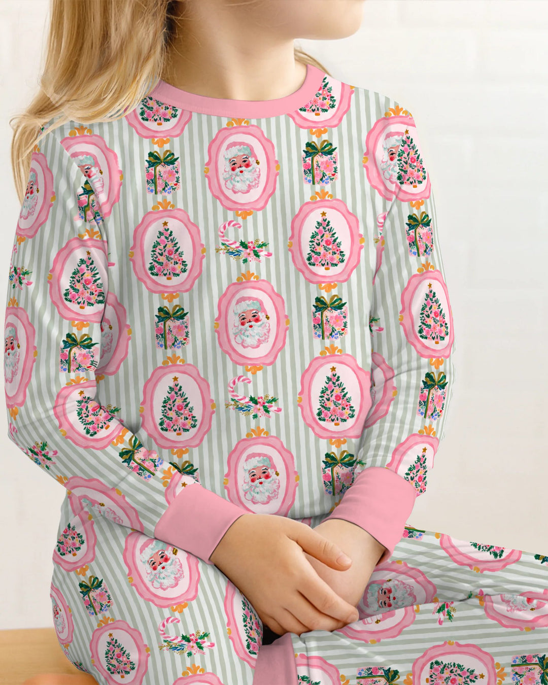 Pink Santa Christmas Tree Stripe Bamboo Two Piece Long Sleeve Pajama Set