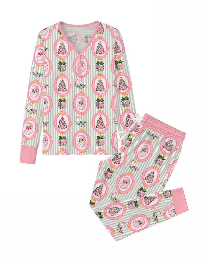 Pink Santa Christmas Tree Stripe Bamboo Women Pajama Set