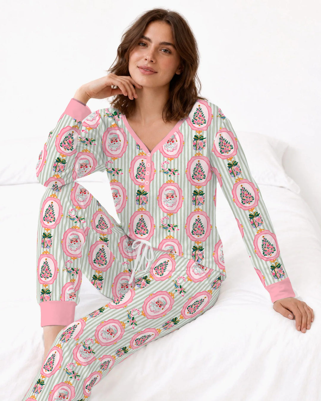 Pink Santa Christmas Tree Stripe Bamboo Women Pajama Set