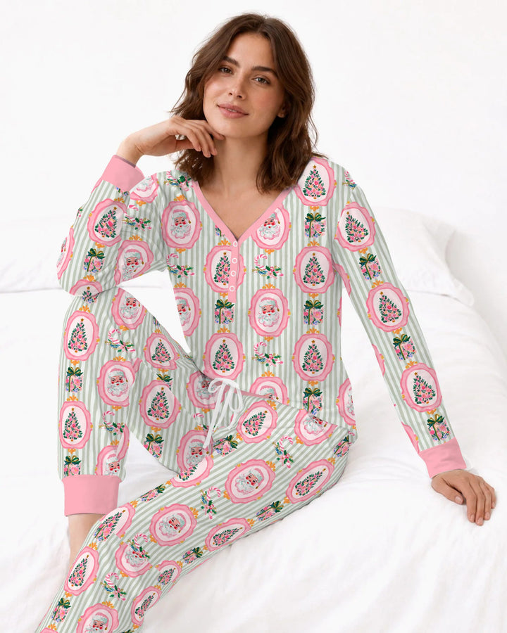 Pink Santa Christmas Tree Stripe Bamboo Women Pajama Set