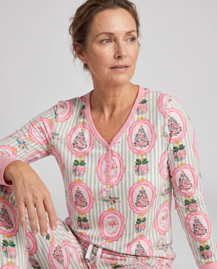Pink Santa Christmas Tree Stripe Bamboo Women Pajama Set