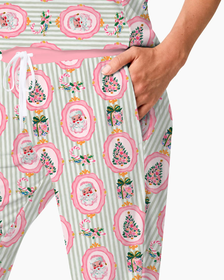 Pink Santa Christmas Tree Stripe Bamboo Women Pajama Set
