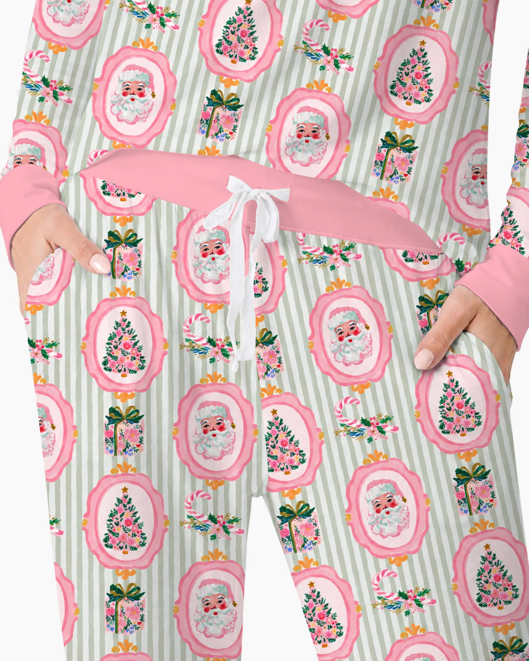 Pink Santa Christmas Tree Stripe Bamboo Women Pajama Set