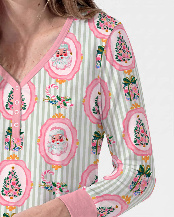 Pink Santa Christmas Tree Stripe Bamboo Women Pajama Set