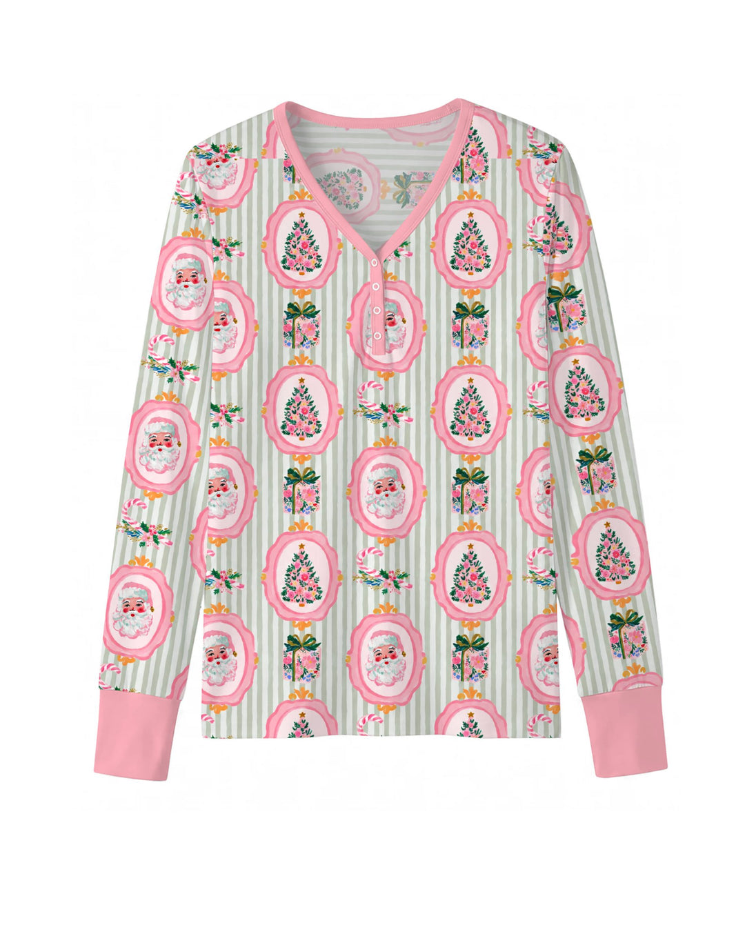 Pink Santa Christmas Tree Stripe Bamboo Women Pajama Set