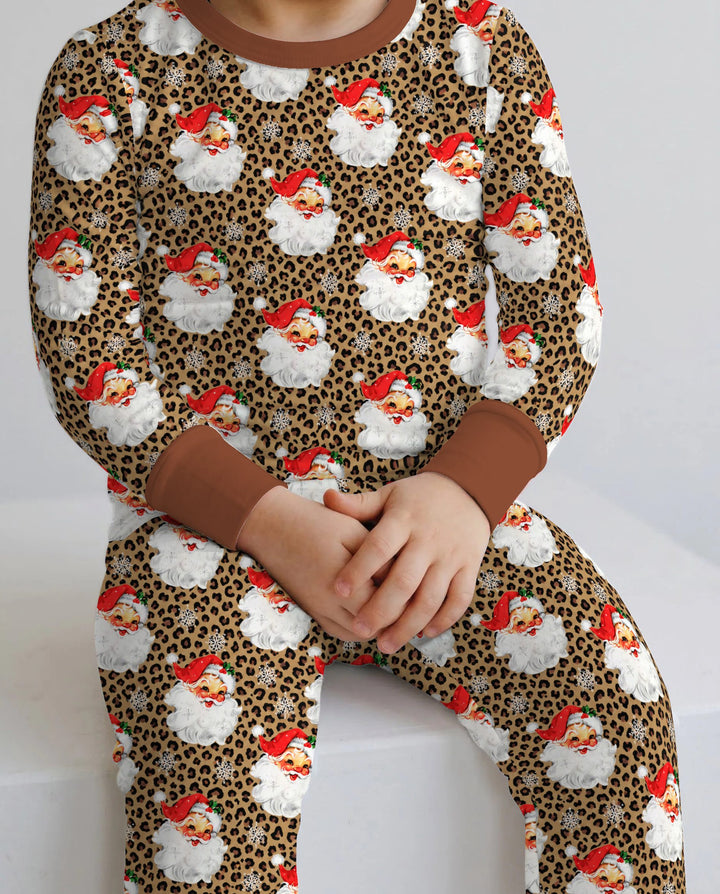 Leopard Print Vintage Santa Bamboo Two Piece Long Sleeve Pajama Set