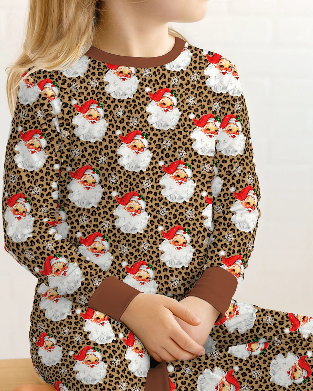 Leopard Print Vintage Santa Bamboo Two Piece Long Sleeve Pajama Set