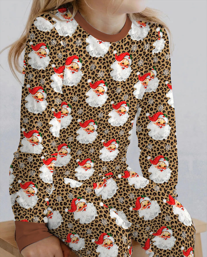 Leopard Print Vintage Santa Bamboo Two Piece Long Sleeve Pajama Set