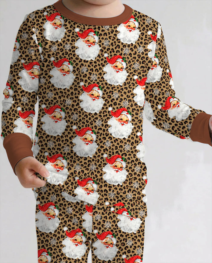 Leopard Print Vintage Santa Bamboo Two Piece Long Sleeve Pajama Set