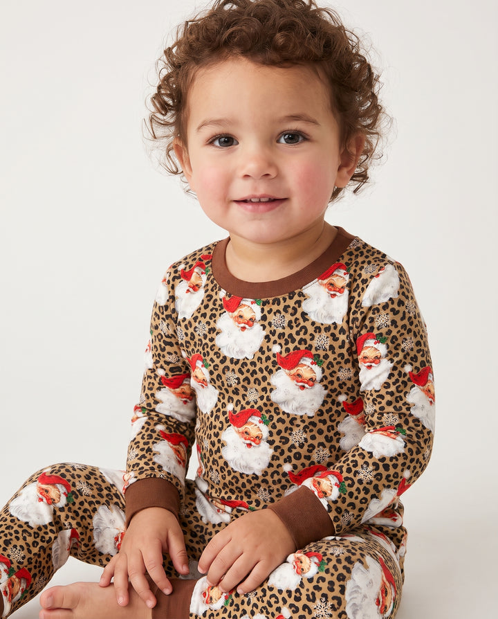 Leopard Print Vintage Santa Bamboo Two Piece Long Sleeve Pajama Set
