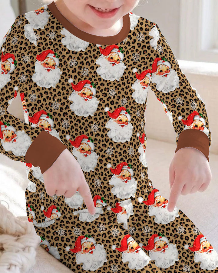 Leopard Print Vintage Santa Bamboo Two Piece Long Sleeve Pajama Set