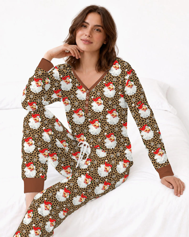 Leopard Print Vintage Santa Bamboo Women Pajama Set
