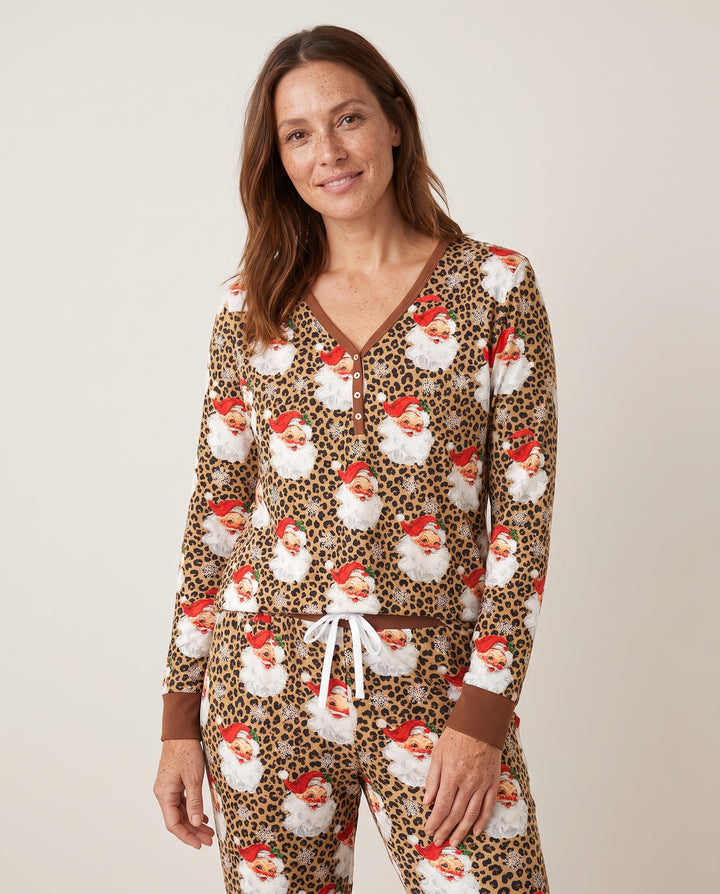 Leopard Print Vintage Santa Bamboo Women Pajama Set
