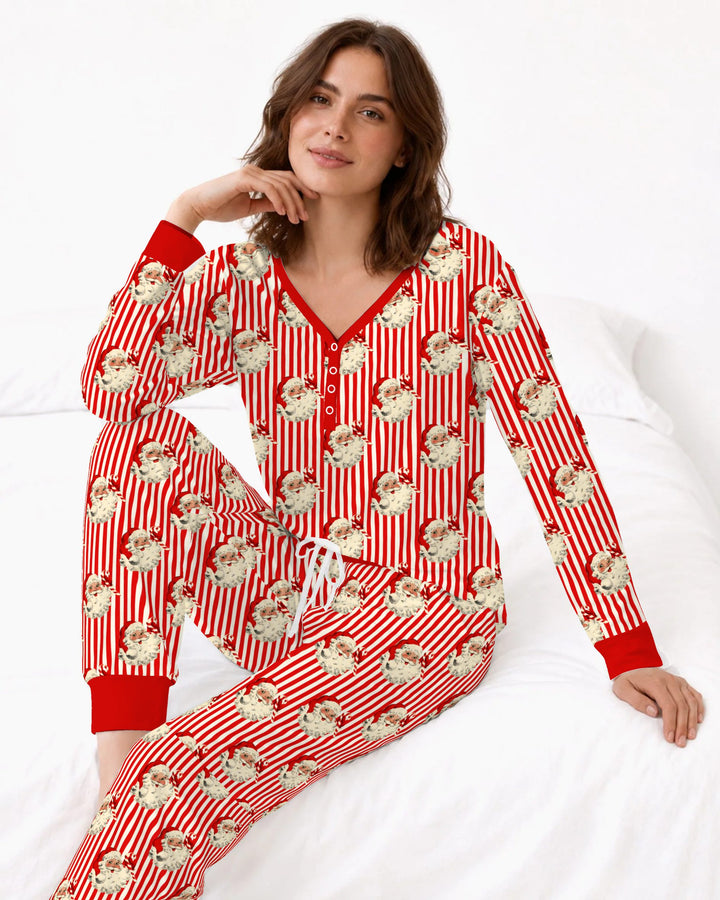 Vintage Santa Candy Cane Stripe Bamboo Women Pajama Set