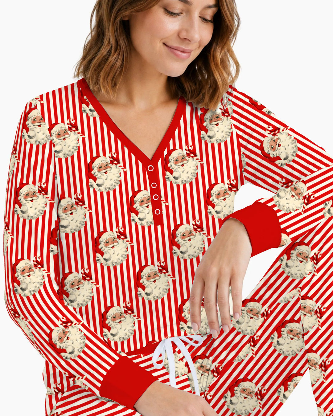 Vintage Santa Candy Cane Stripe Bamboo Women Pajama Set