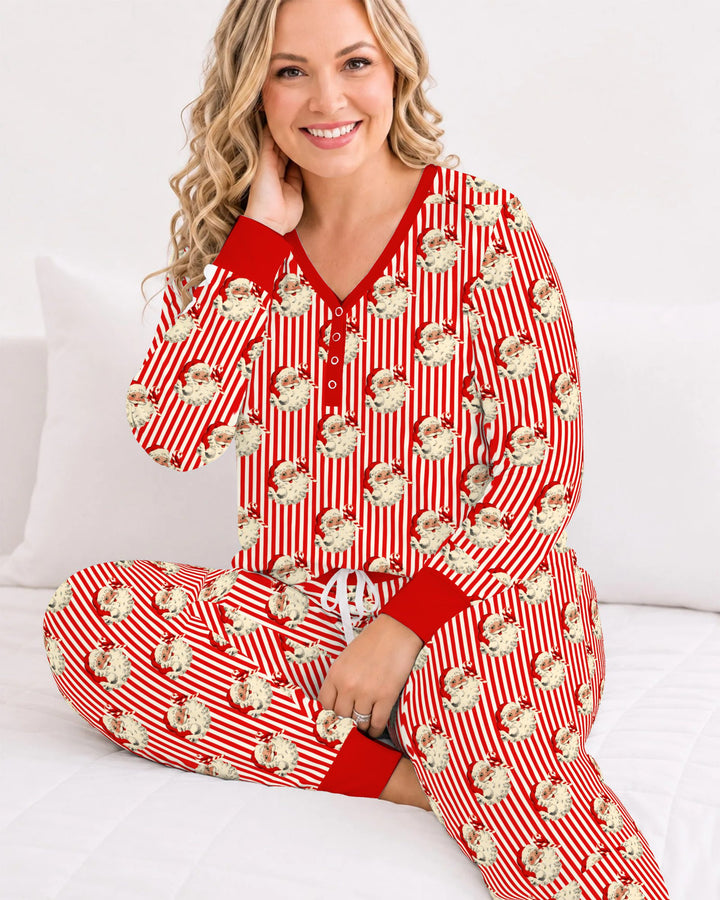 Vintage Santa Candy Cane Stripe Bamboo Women Pajama Set