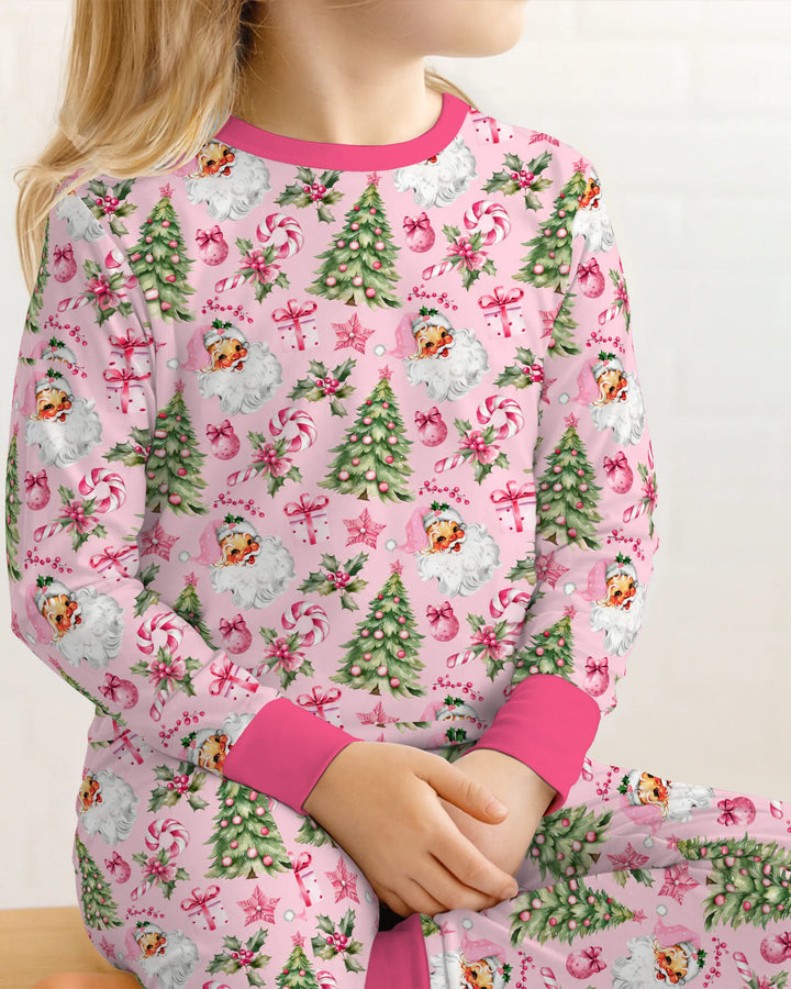 Pink Vintage Santa Christmas Tree Bamboo Two Piece Long Sleeve Pajama Set