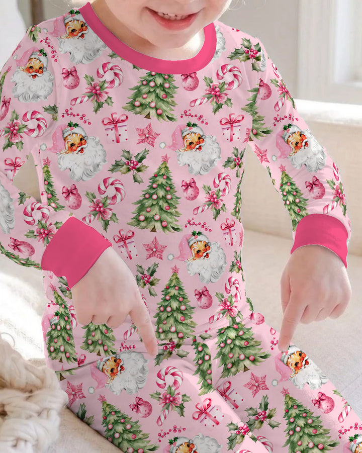 Pink Vintage Santa Christmas Tree Bamboo Two Piece Long Sleeve Pajama Set