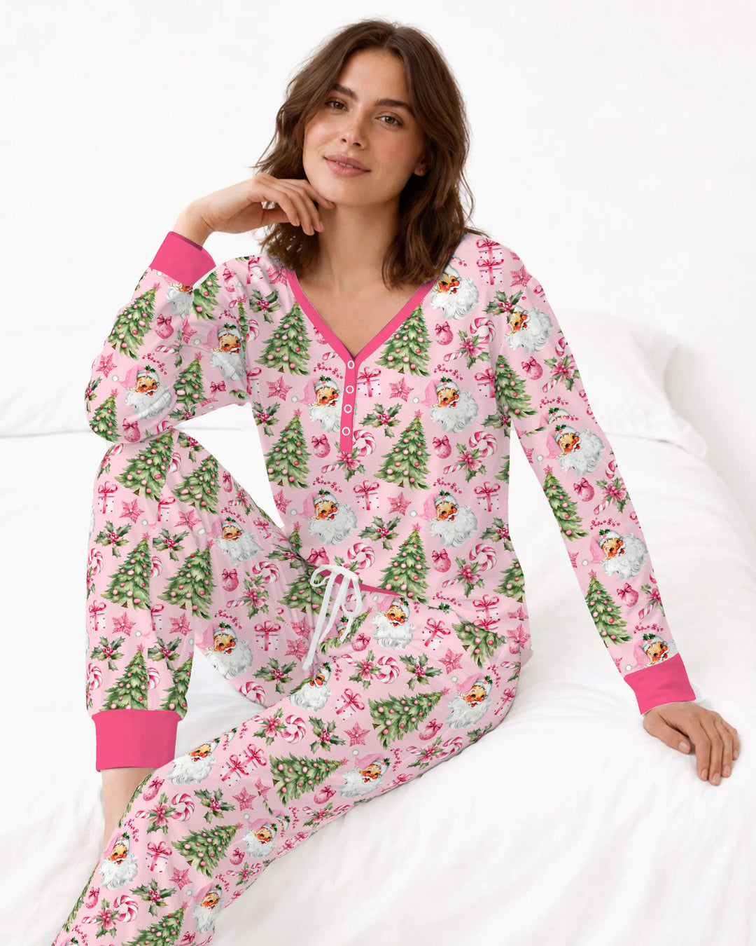 Pink Vintage Santa Christmas Tree Bamboo Women Pajama Set