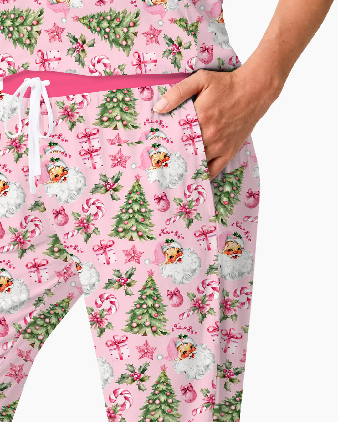 Pink Vintage Santa Christmas Tree Bamboo Women Pajama Set