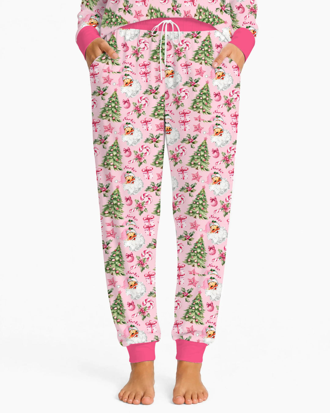 Pink Vintage Santa Christmas Tree Bamboo Women Pajama Set