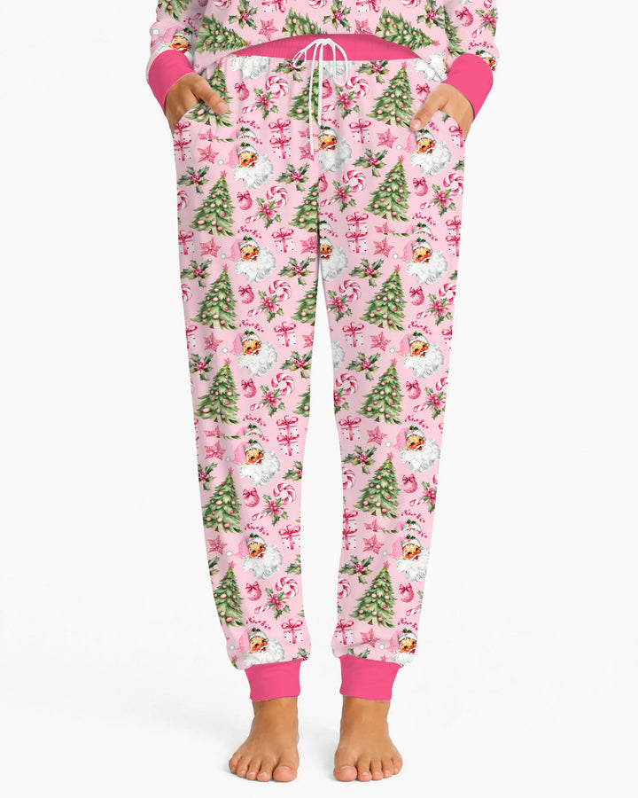 Pink Vintage Santa Christmas Tree Bamboo Women Pajama Set