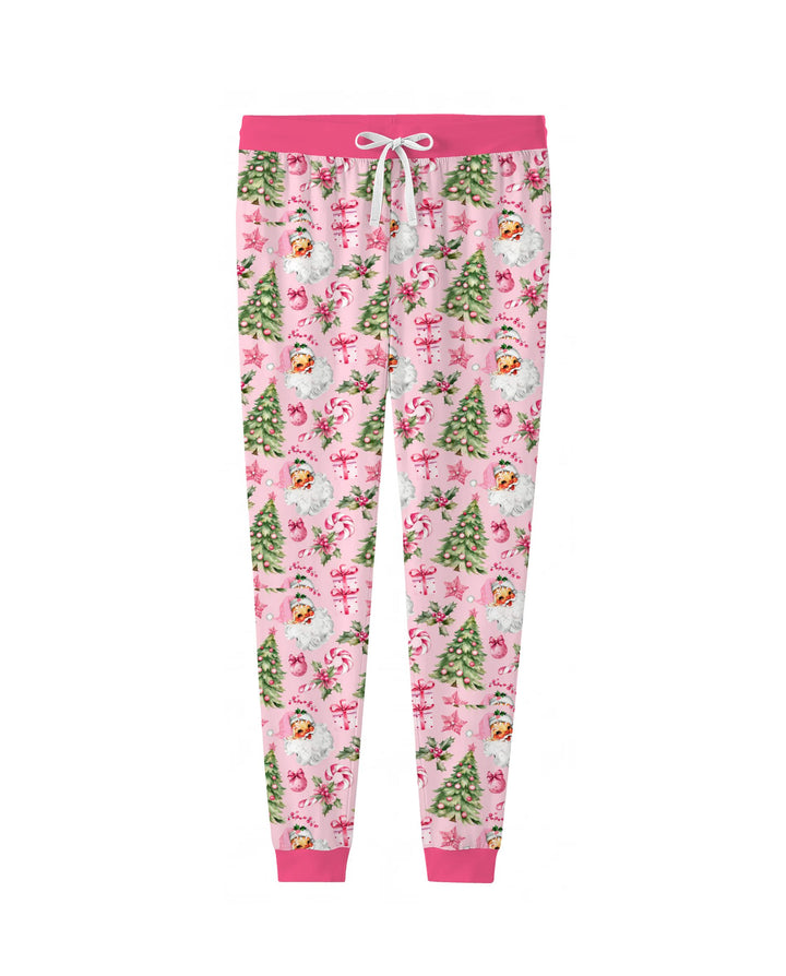 Pink Vintage Santa Christmas Tree Bamboo Women Pajama Set