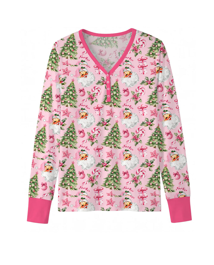 Pink Vintage Santa Christmas Tree Bamboo Women Pajama Set