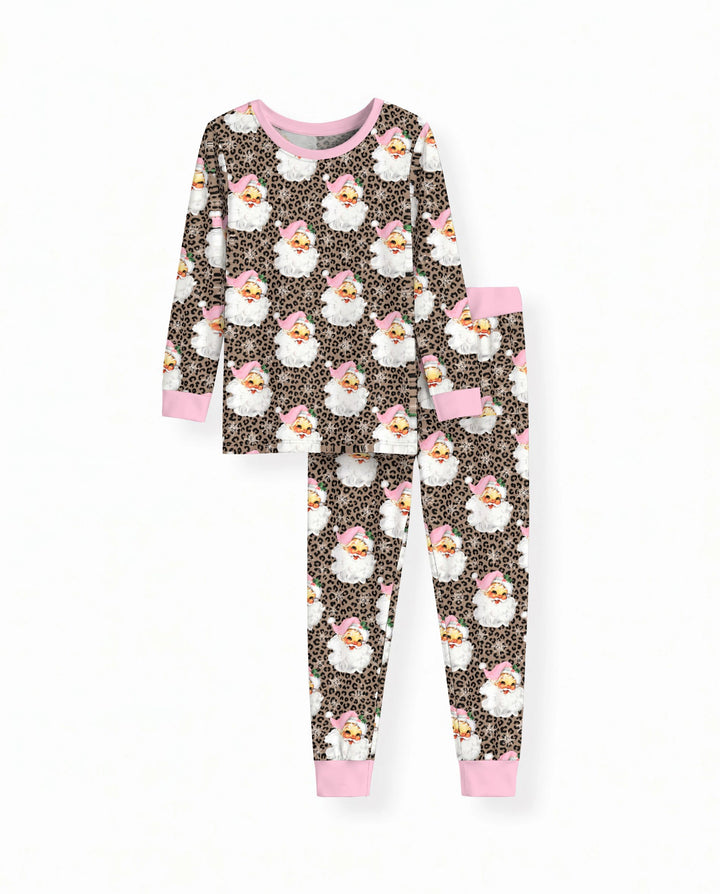 Pink Santa Leopard Print Christmas Bamboo Two Piece Long Sleeve Pajama Set