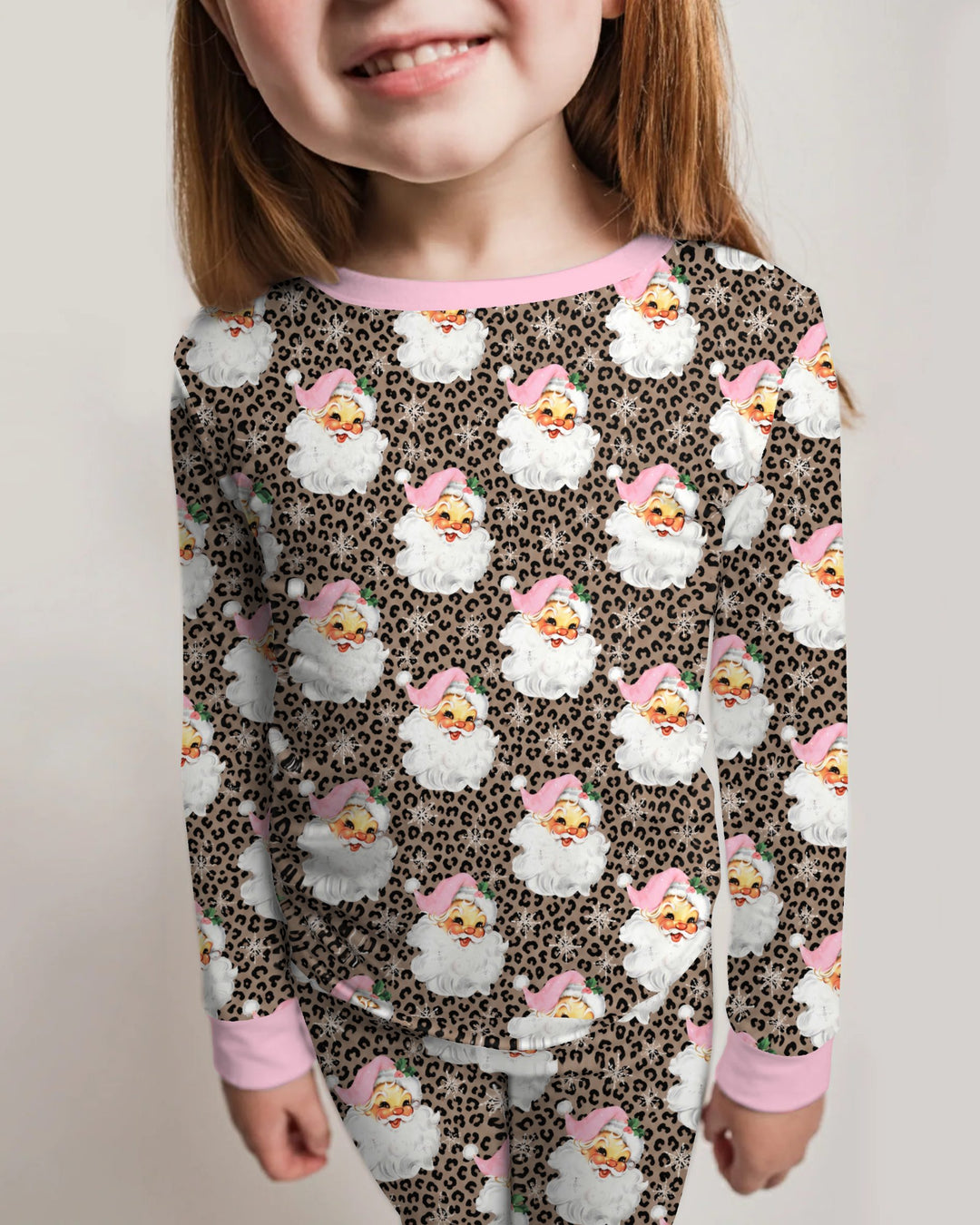 Pink Santa Leopard Print Christmas Bamboo Two Piece Long Sleeve Pajama Set