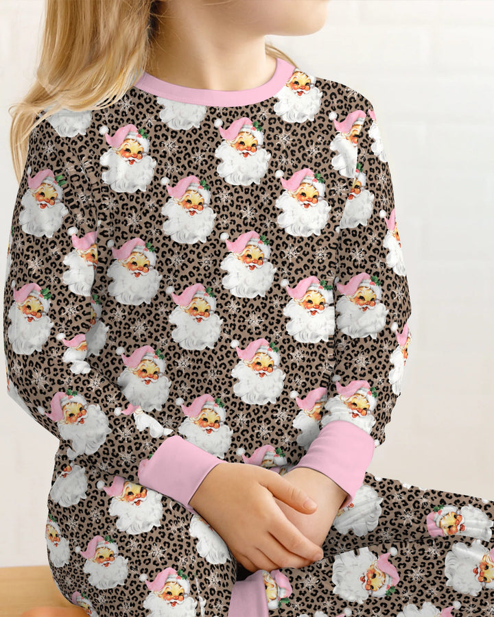 Pink Santa Leopard Print Christmas Bamboo Two Piece Long Sleeve Pajama Set