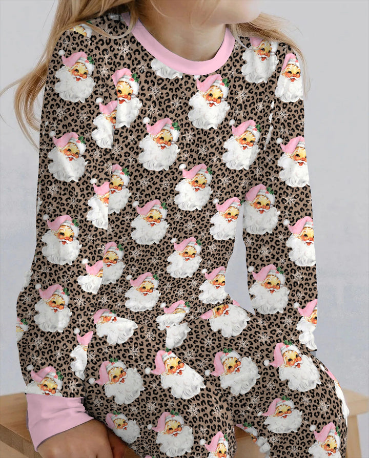 Pink Santa Leopard Print Christmas Bamboo Two Piece Long Sleeve Pajama Set