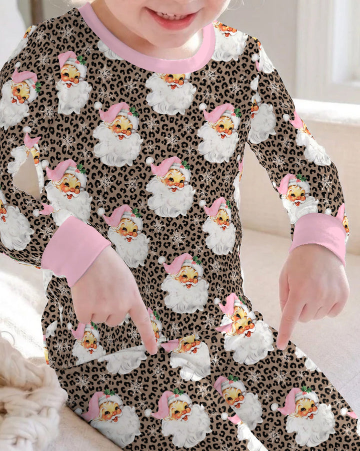 Pink Santa Leopard Print Christmas Bamboo Two Piece Long Sleeve Pajama Set