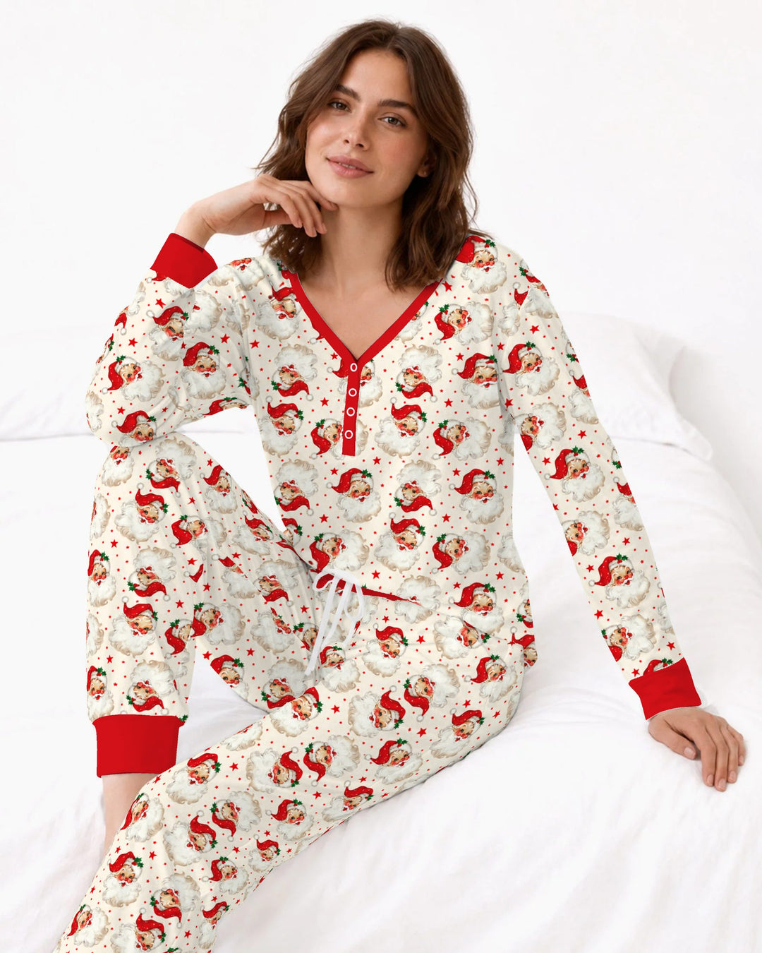 Vintage Santa Red Star Christmas Bamboo Women Pajama Set