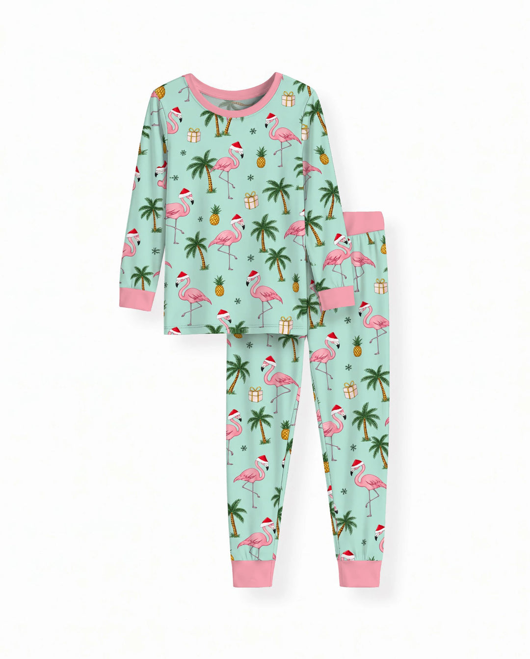 Tropical Christmas Flamingo Palm Tree Bamboo Two Piece Long Sleeve Pajama Set