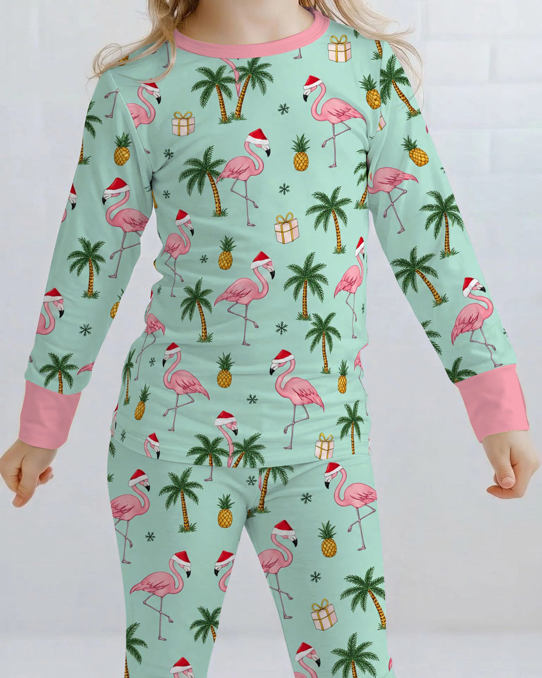 Tropical Christmas Flamingo Palm Tree Bamboo Two Piece Long Sleeve Pajama Set
