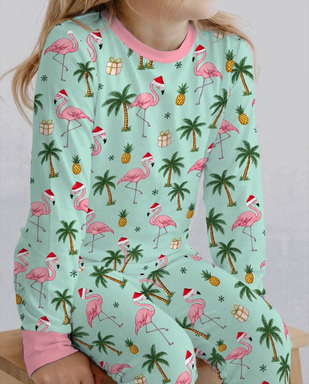 Tropical Christmas Flamingo Palm Tree Bamboo Two Piece Long Sleeve Pajama Set