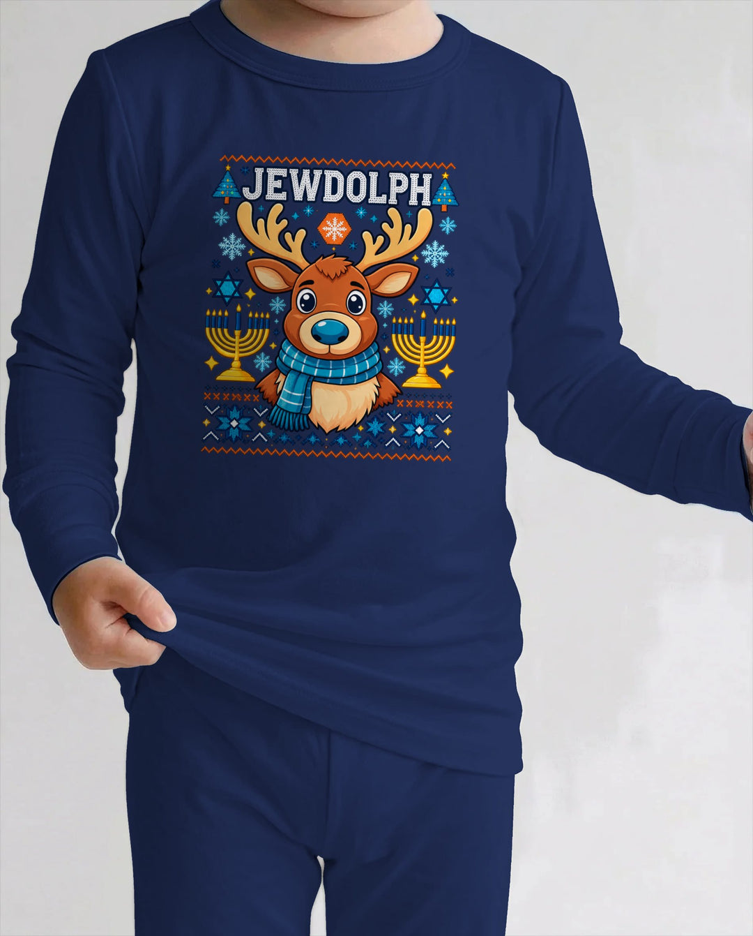 Jewdolph Hanukkah Reindeer Bamboo Two Piece Long Sleeve Pajama Set
