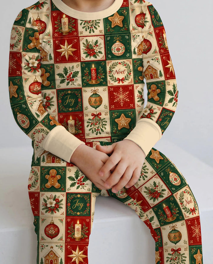 Vintage Christmas Holiday Patchwork Bamboo Two Piece Long Sleeve Pajama Set