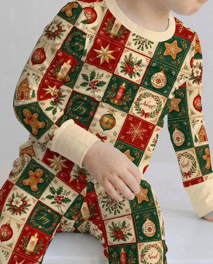 Vintage Christmas Holiday Patchwork Bamboo Two Piece Long Sleeve Pajama Set