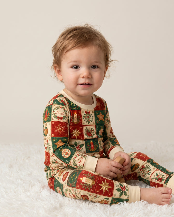 Vintage Christmas Holiday Patchwork Bamboo Two Piece Long Sleeve Pajama Set