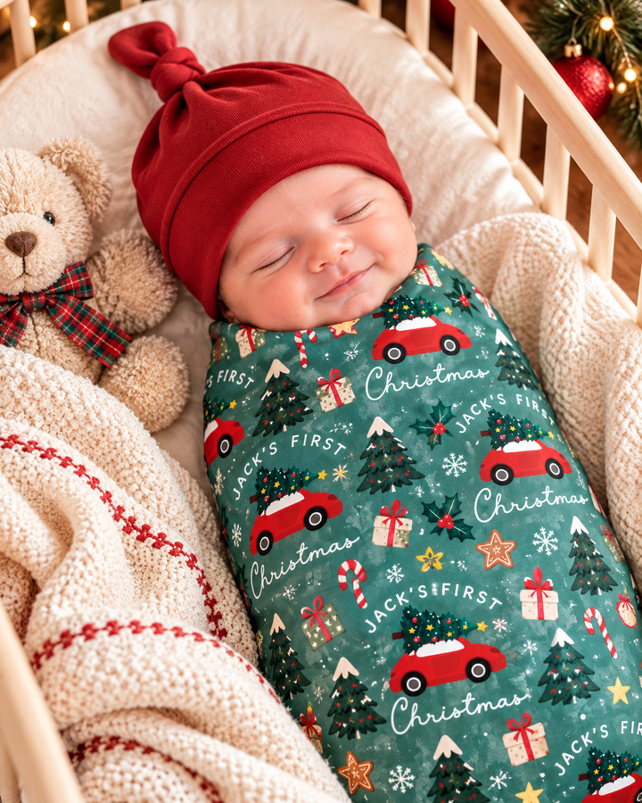 Custom Name First Christmas With Red Car Bamboo Swaddle Blanket