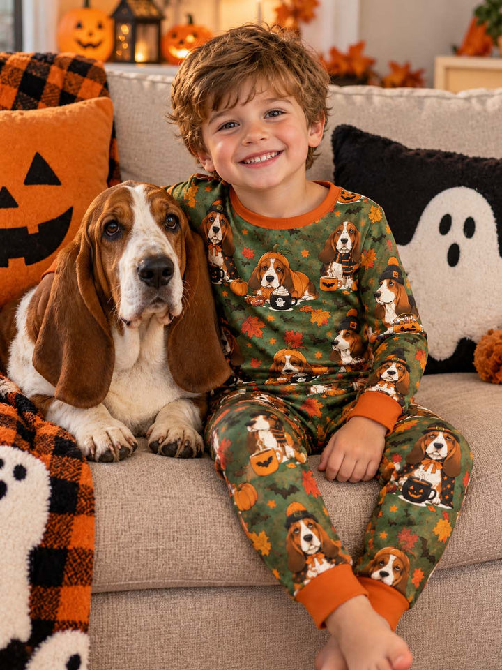 Basset Hound Halloween Night Bamboo Two Piece Long Sleeve Pajama Set