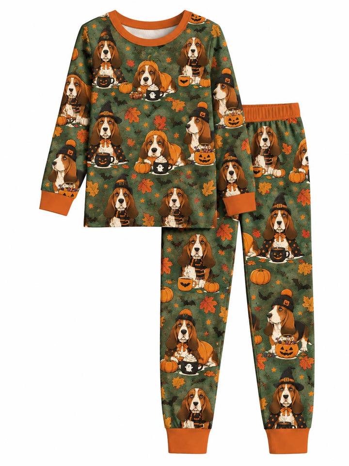Basset Hound Halloween Night Bamboo Two Piece Long Sleeve Pajama Set