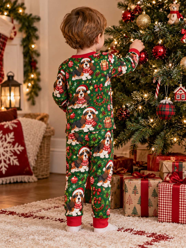 Basset Hound Holiday Wreath Bamboo Two Piece Long Sleeve Pajama Set