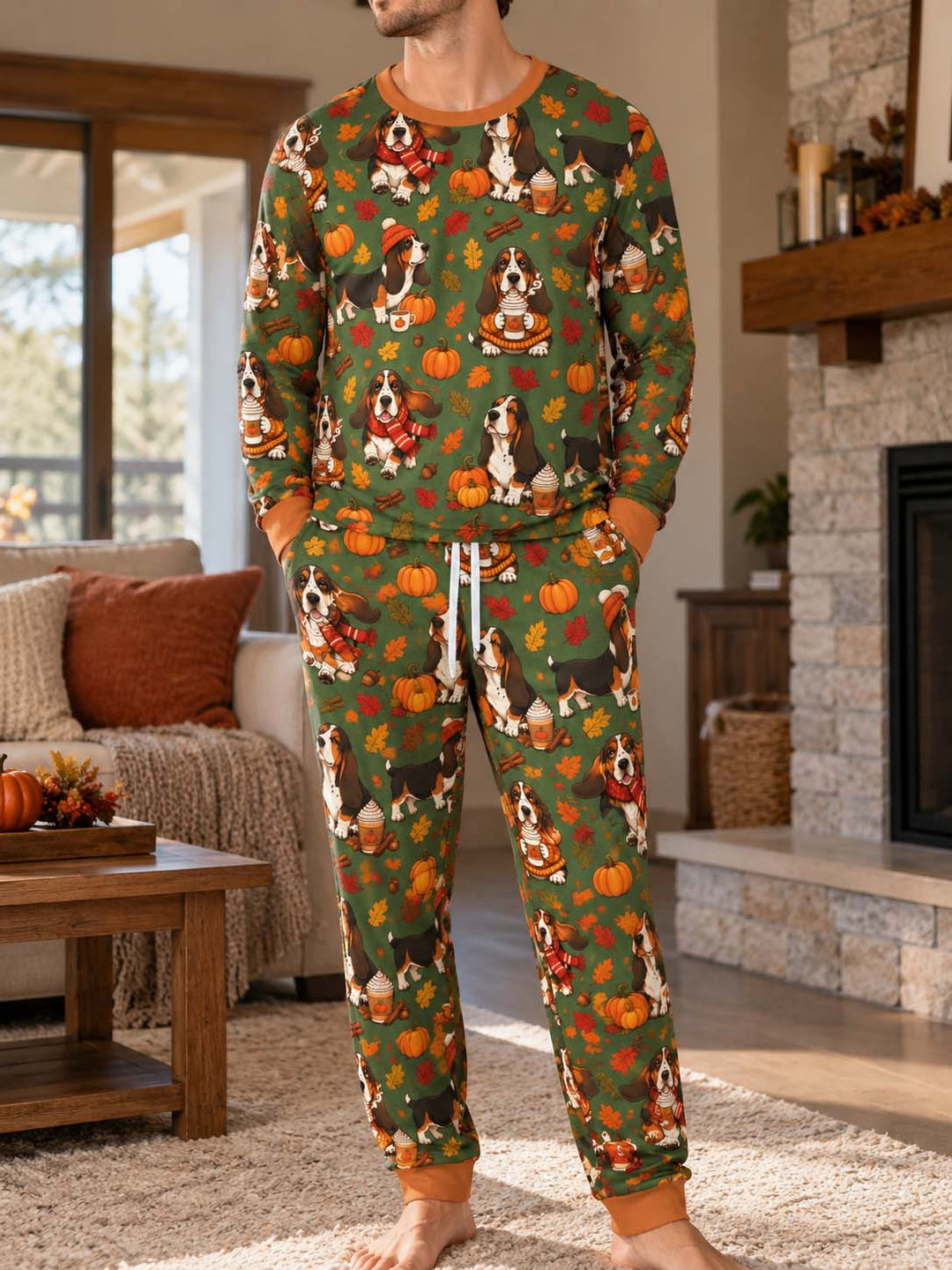 Basset Hound Pumpkin Spice Autumn Bamboo Men's Pajama Set