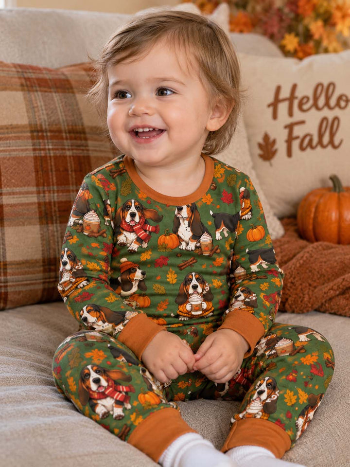 Basset Hound Pumpkin Spice Autumn Bamboo Two Piece Long Sleeve Pajama Set