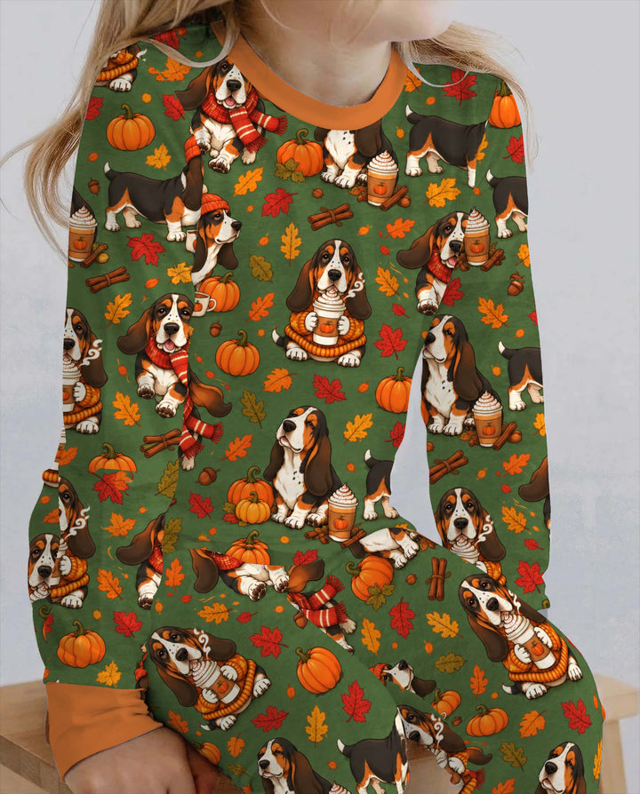 Basset Hound Pumpkin Spice Autumn Bamboo Two Piece Long Sleeve Pajama Set