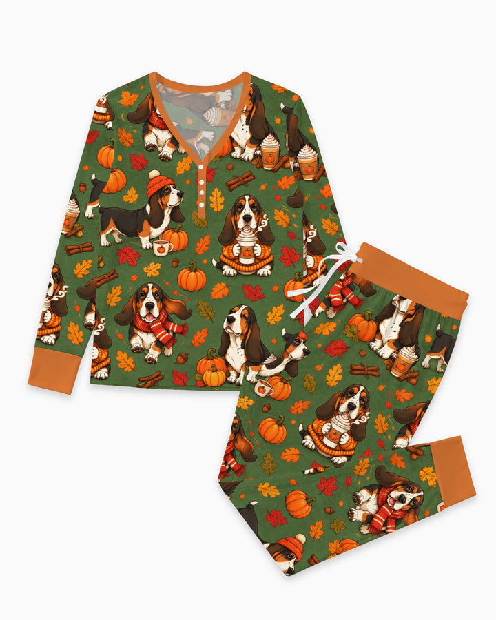 Basset Hound Pumpkin Spice Autumn Bamboo Women Pajama Set