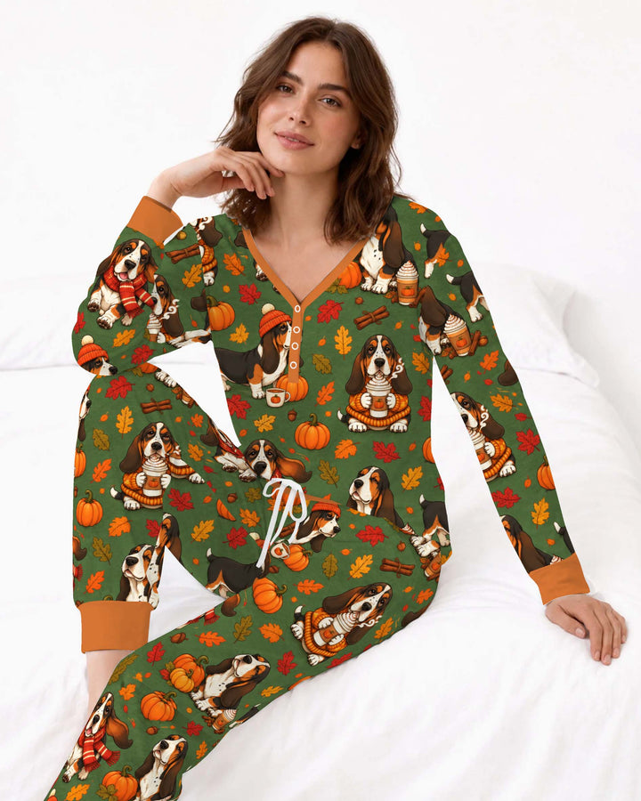 Basset Hound Pumpkin Spice Autumn Bamboo Women Pajama Set